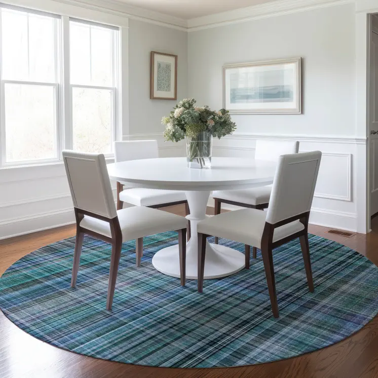8' X 8' Blue Teal and Gray Round Plaid Washable Non Skid Indoor Outdoor Area Rug