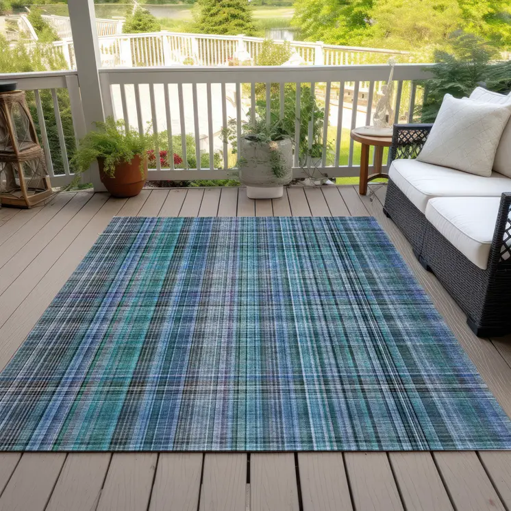 9' X 12' Blue Teal and Gray Plaid Washable Non Skid Indoor Outdoor Area Rug