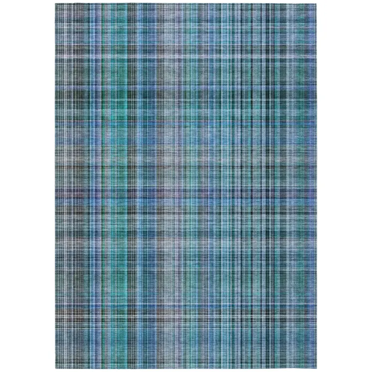 9' X 12' Blue Teal and Gray Plaid Washable Non Skid Indoor Outdoor Area Rug