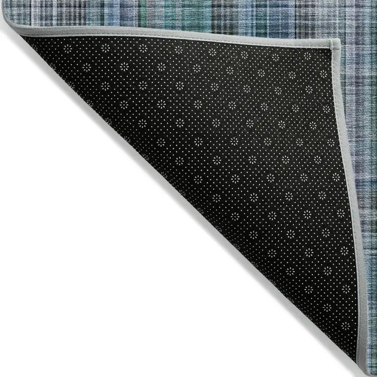 9' X 12' Blue Teal and Gray Plaid Washable Non Skid Indoor Outdoor Area Rug