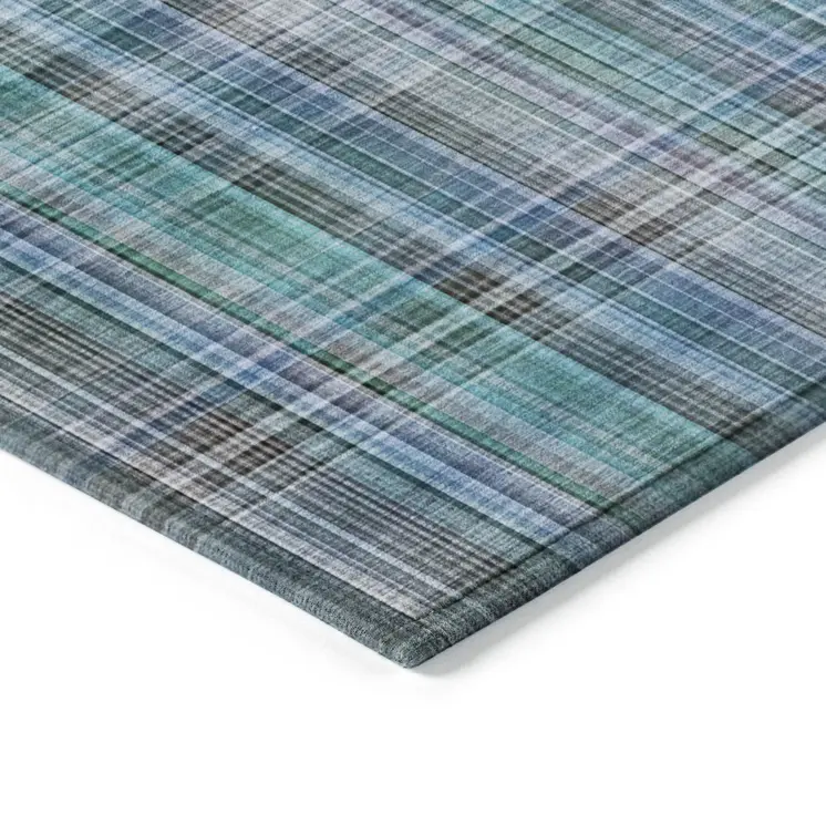 9' X 12' Blue Teal and Gray Plaid Washable Non Skid Indoor Outdoor Area Rug