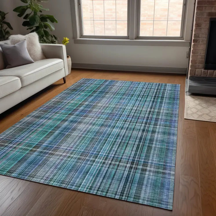 9' X 12' Blue Teal and Gray Plaid Washable Non Skid Indoor Outdoor Area Rug