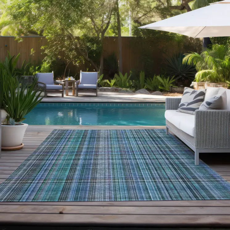 9' X 12' Blue Teal and Gray Plaid Washable Non Skid Indoor Outdoor Area Rug