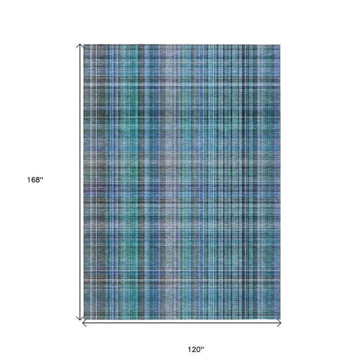10' X 14' Blue Teal and Gray Plaid Washable Non Skid Indoor Outdoor Area Rug