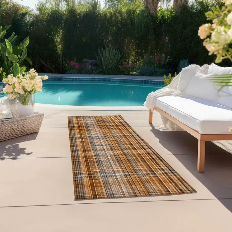2' X 8' Orange Brown and Gray Plaid Washable Non Skid Indoor Outdoor Area Rug