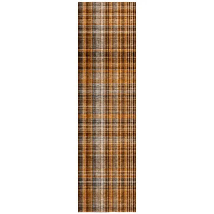 2' X 8' Orange Brown and Gray Plaid Washable Non Skid Indoor Outdoor Area Rug