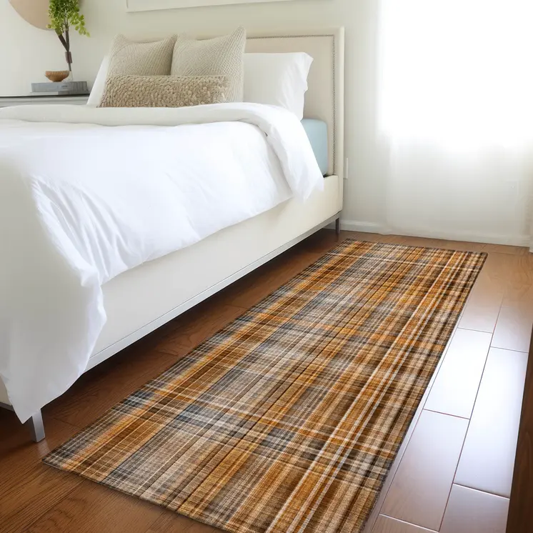 2' X 8' Orange Brown and Gray Plaid Washable Non Skid Indoor Outdoor Area Rug