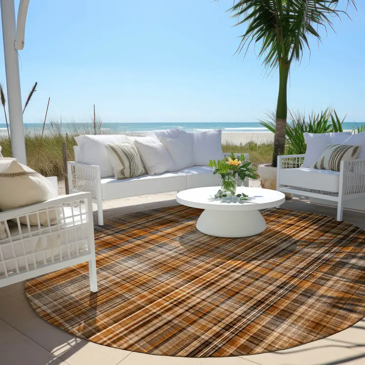 8' Round Terra Cotta Round Plaid Washable Non Skid Indoor Outdoor Area Rug