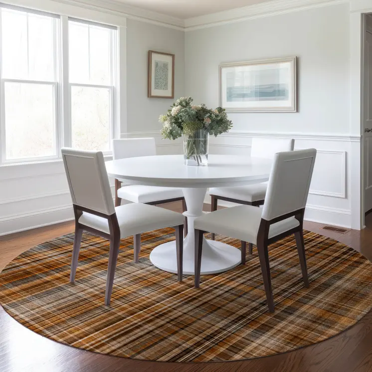8' Round Terra Cotta Round Plaid Washable Non Skid Indoor Outdoor Area Rug