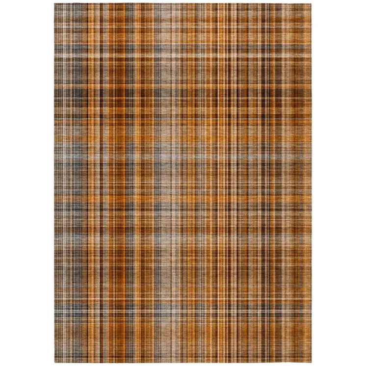 8' X 10' Terra Cotta Plaid Washable Non Skid Indoor Outdoor Area Rug