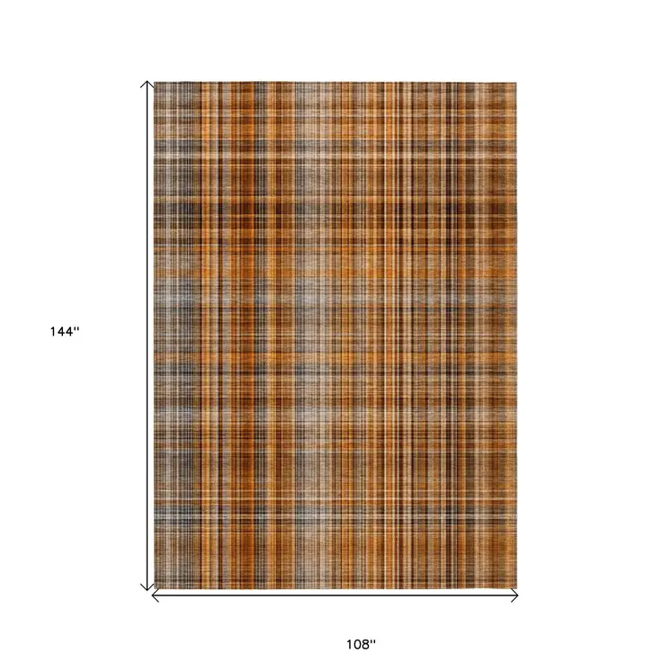 9' X 12' Terra Cotta Plaid Washable Non Skid Indoor Outdoor Area Rug