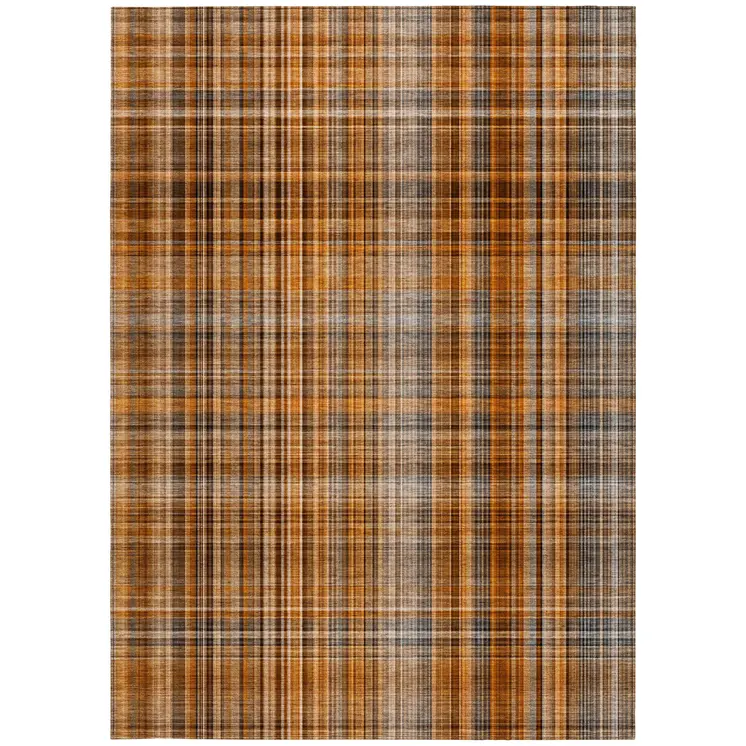 10' X 14' Terra Cotta Plaid Washable Non Skid Indoor Outdoor Area Rug