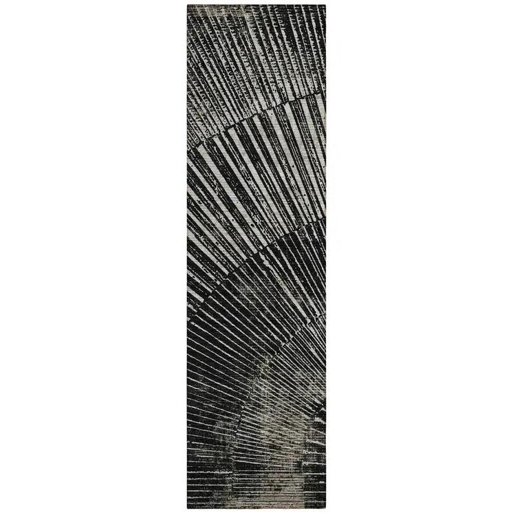 8' Runner Black and Ivory Abstract Washable Non Skid Indoor Outdoor Runner Rug