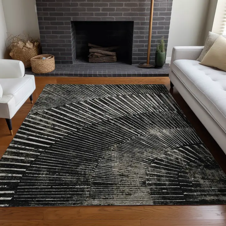 8' X 10' Black and Ivory Abstract Washable Non Skid Indoor Outdoor Area Rug