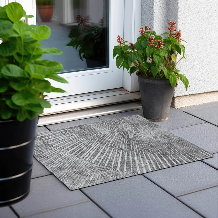 2' X 3' Gray and Ivory Abstract Washable Non Skid Indoor Outdoor Area Rug