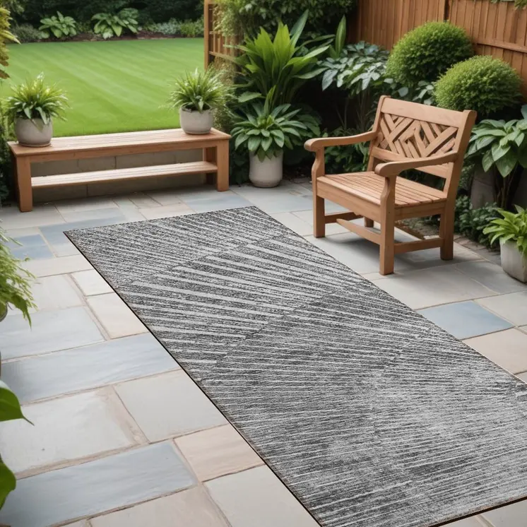 8' Runner Gray and Ivory Abstract Washable Non Skid Indoor Outdoor Runner Rug