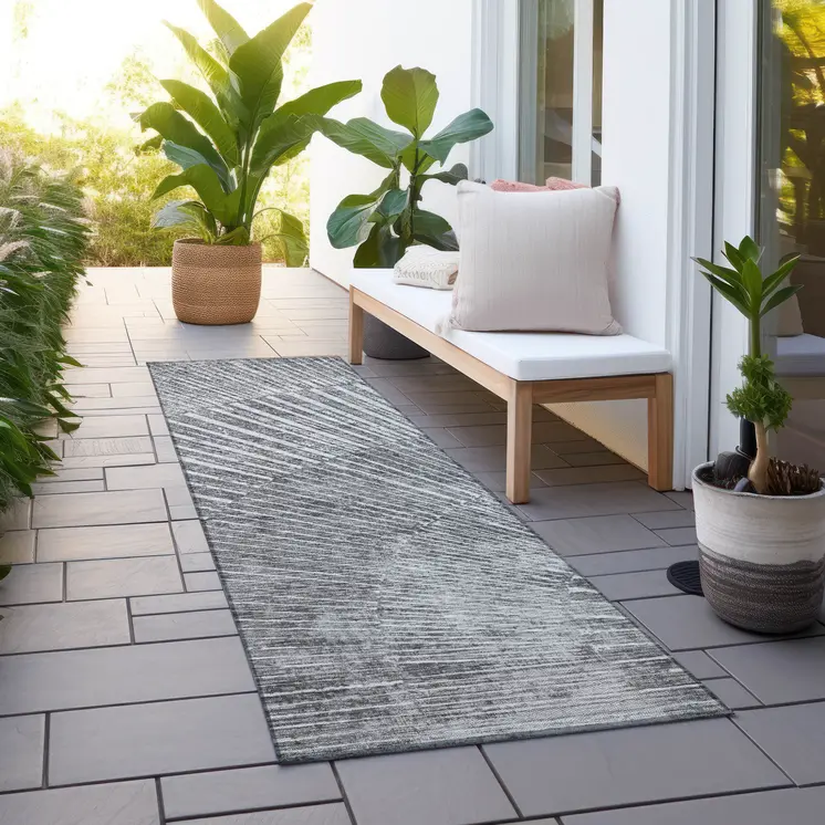 8' Runner Gray and Ivory Abstract Washable Non Skid Indoor Outdoor Runner Rug