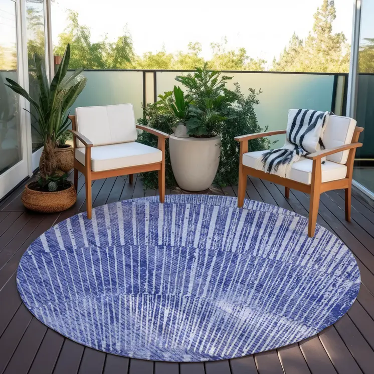8' Round Navy Blue Round Abstract Washable Non Skid Indoor Outdoor Area Rug