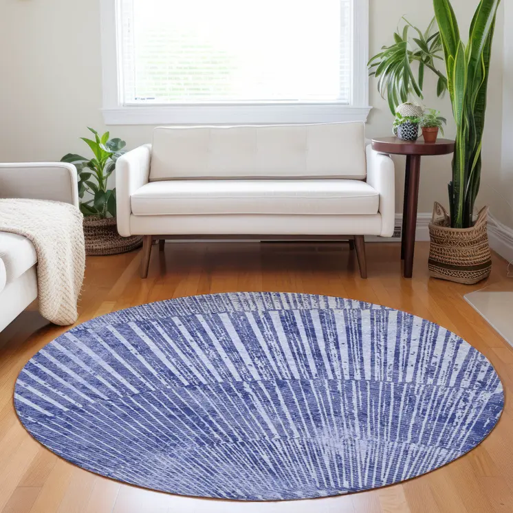8' Round Navy Blue Round Abstract Washable Non Skid Indoor Outdoor Area Rug