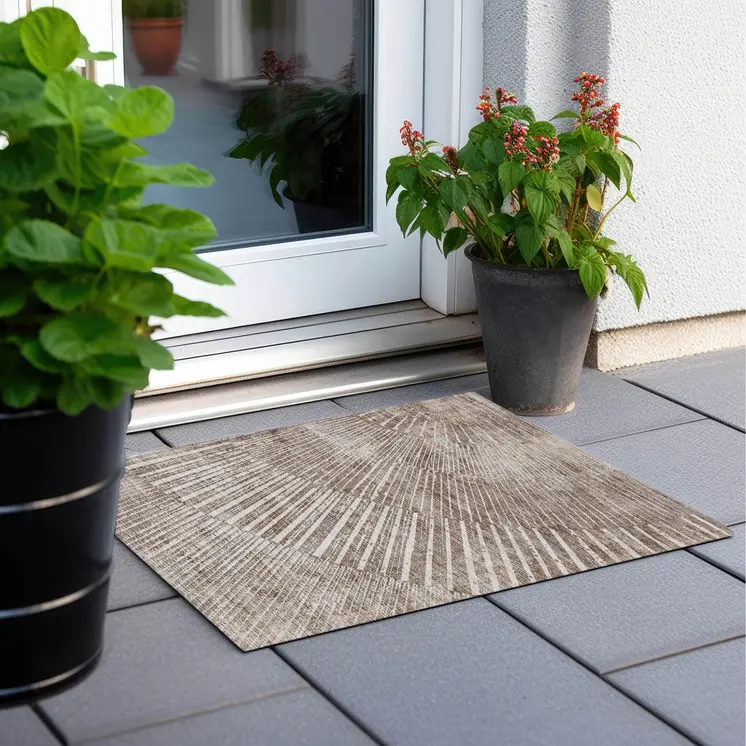 2' X 3' Taupe and Ivory Abstract Washable Non Skid Indoor Outdoor Area Rug