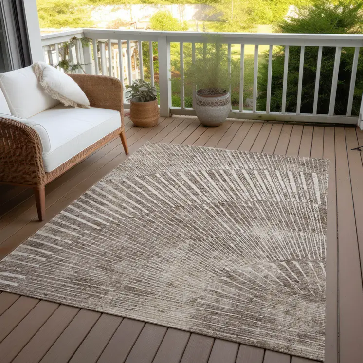 9' X 12' Taupe and Ivory Abstract Washable Non Skid Indoor Outdoor Area Rug