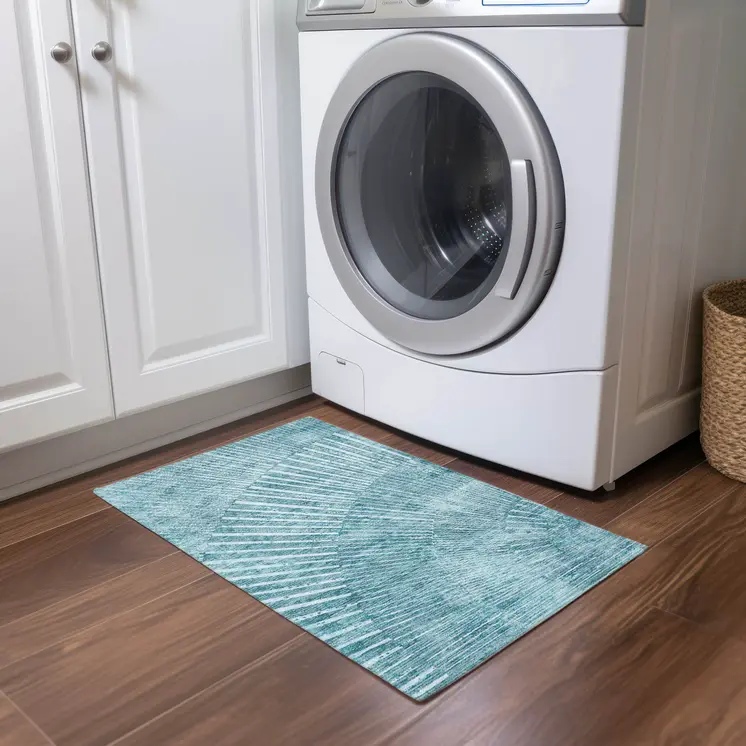 2' X 3' Teal Abstract Washable Non Skid Indoor Outdoor Area Rug