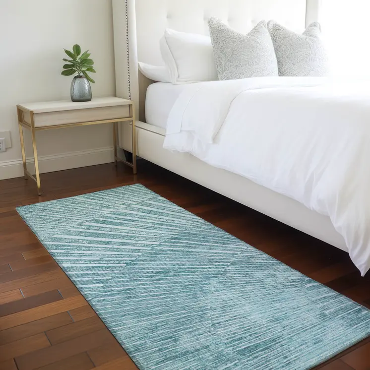 8' Runner Teal Abstract Washable Non Skid Indoor Outdoor Runner Rug