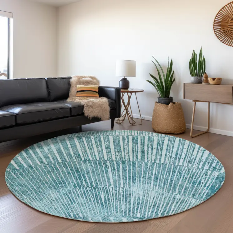 8' Round Teal Round Abstract Washable Non Skid Indoor Outdoor Area Rug