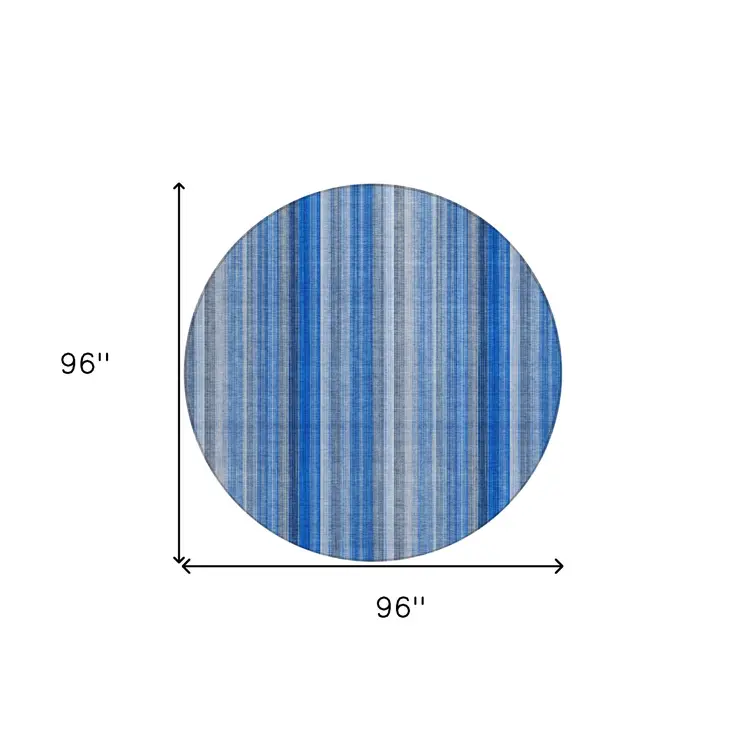 8' Round Blue Round Striped Washable Non Skid Indoor Outdoor Area Rug