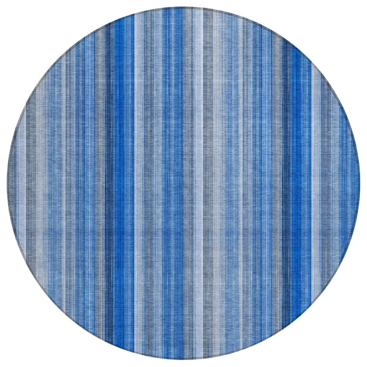 8' Round Blue Round Striped Washable Non Skid Indoor Outdoor Area Rug