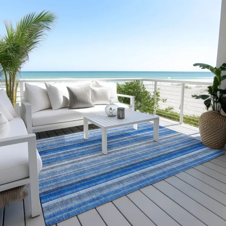 10' X 14' Blue Striped Washable Non Skid Indoor Outdoor Area Rug