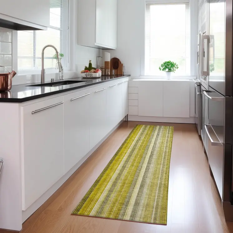 2' X 8' Gold Striped Washable Non Skid Indoor Outdoor Runner Rug