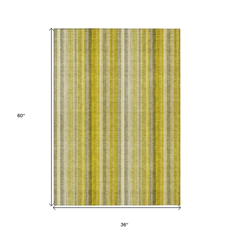 3' X 5' Gold Striped Washable Non Skid Indoor Outdoor Area Rug