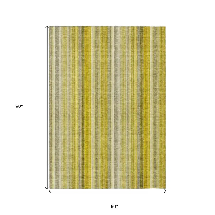 5' X 8' Gold Striped Washable Non Skid Indoor Outdoor Area Rug