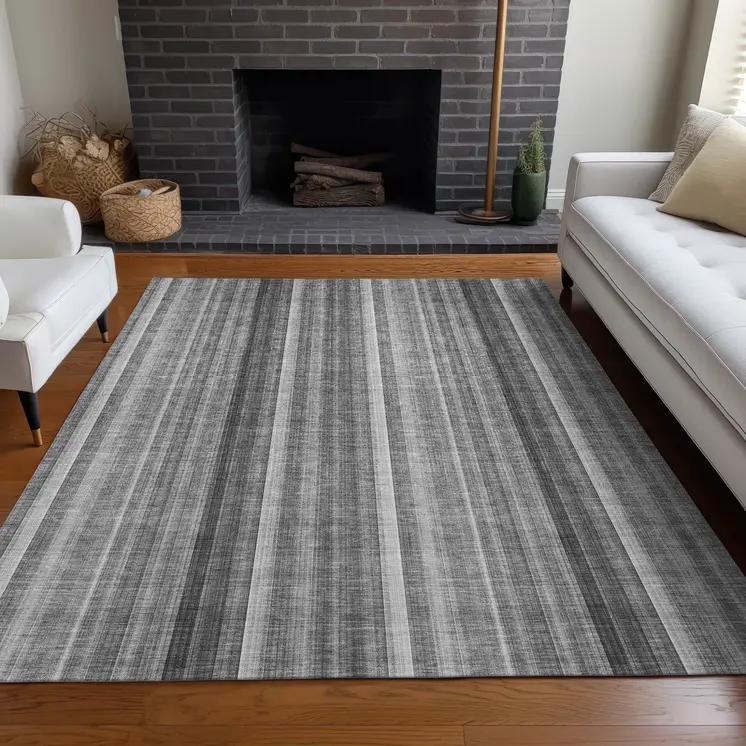 5' X 8' Gray Striped Washable Non Skid Indoor Outdoor Area Rug