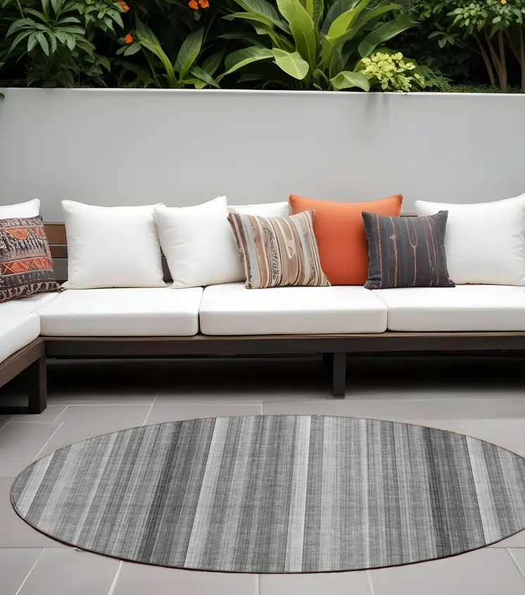 8' Round Gray Round Striped Washable Non Skid Indoor Outdoor Area Rug