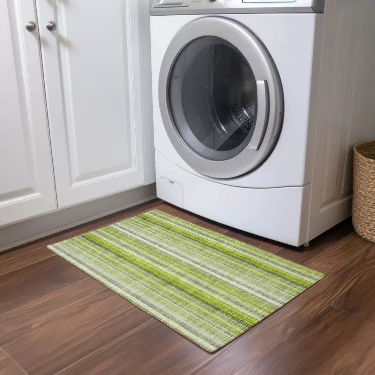 2' X 3' Green Striped Washable Non Skid Indoor Outdoor Area Rug