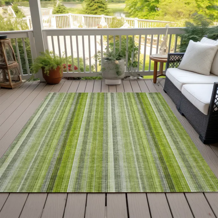 9' X 12' Green Striped Washable Non Skid Indoor Outdoor Area Rug