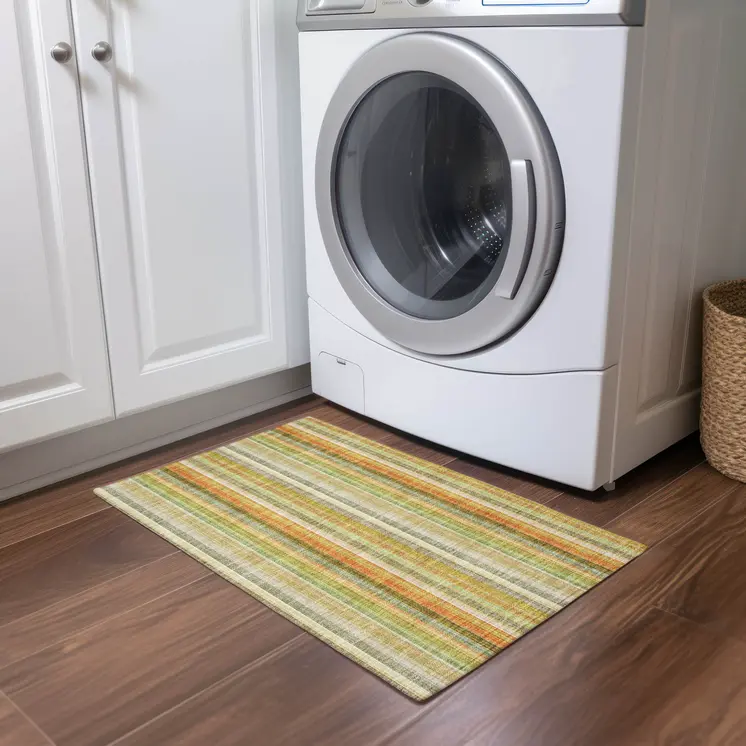 2' X 3' Tan Orange and Green Striped Washable Non Skid Indoor Outdoor Area Rug