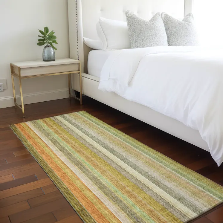 8' Runner Tan Orange and Green Striped Washable Non Skid Indoor Outdoor Runner Rug