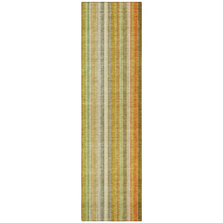 8' Runner Tan Orange and Green Striped Washable Non Skid Indoor Outdoor Runner Rug