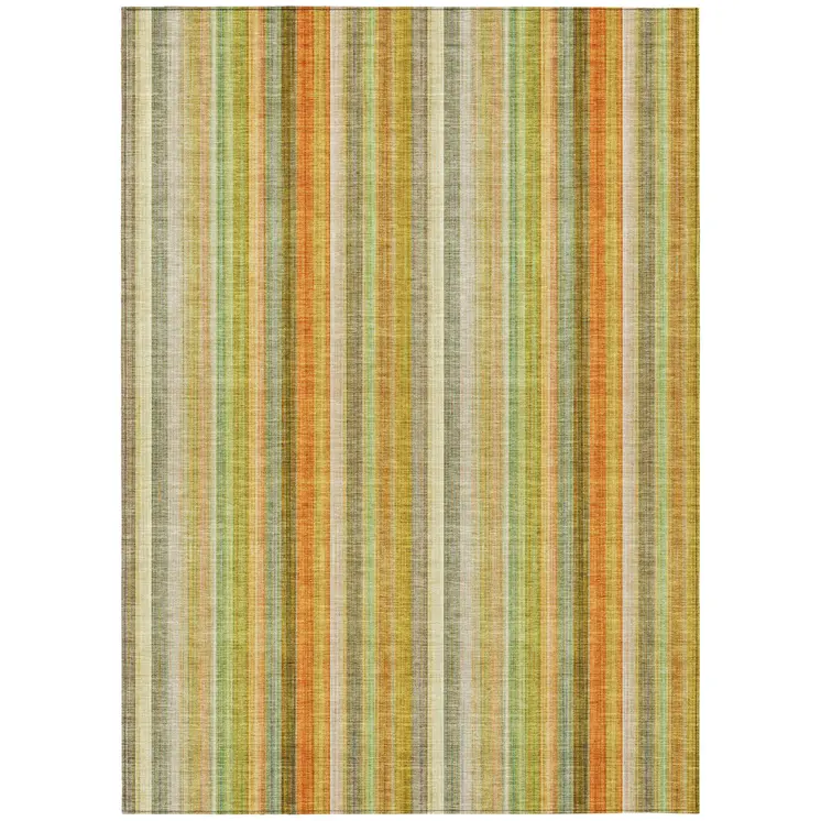 5' X 8' Tan Orange and Green Striped Washable Non Skid Indoor Outdoor Area Rug