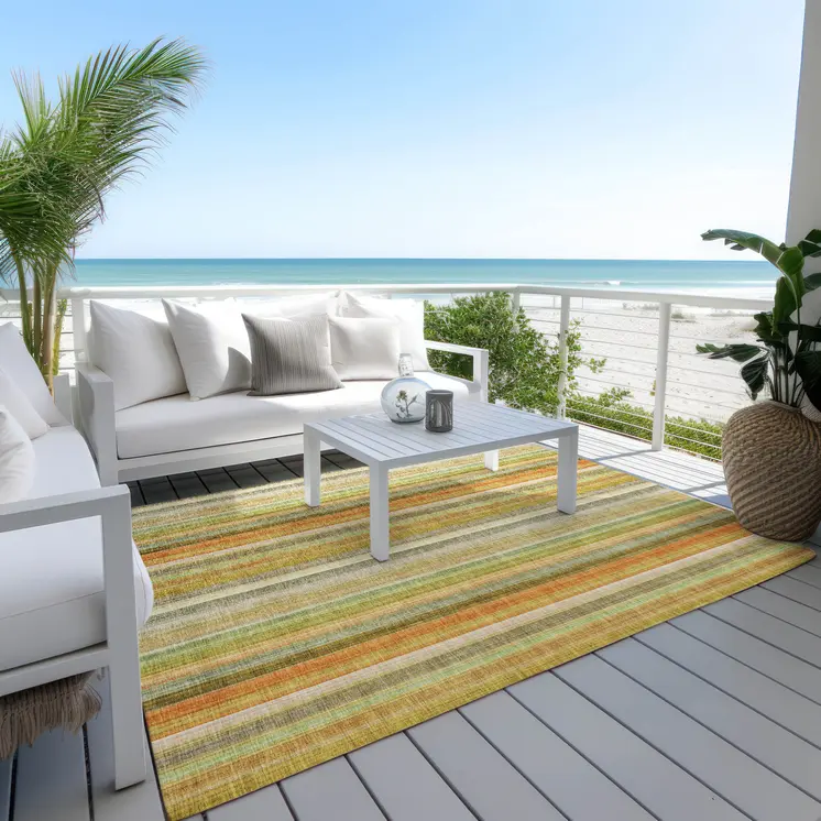 10' X 14' Tan Orange and Green Striped Washable Non Skid Indoor Outdoor Area Rug