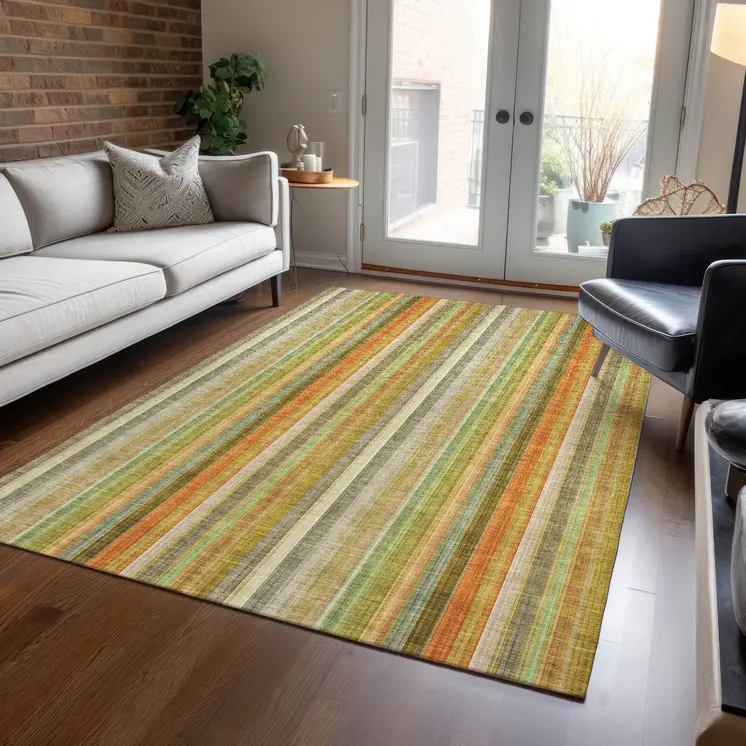 10' X 14' Tan Orange and Green Striped Washable Non Skid Indoor Outdoor Area Rug