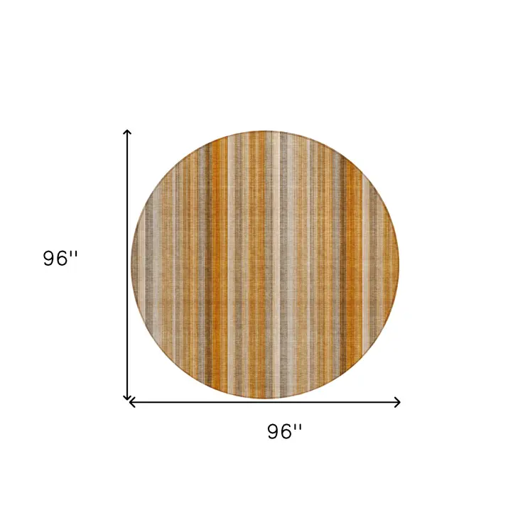 8' Round Orange Ivory and Gray Round Striped Washable Non Skid Indoor Outdoor Area Rug