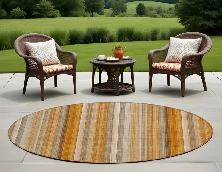 8' Round Orange Ivory and Gray Round Striped Washable Non Skid Indoor Outdoor Area Rug