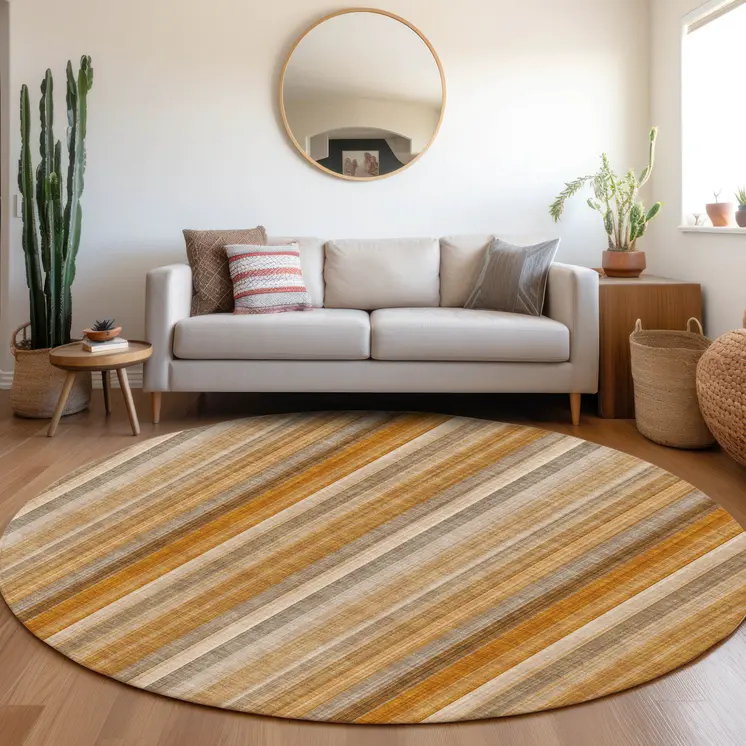 8' Round Orange Ivory and Gray Round Striped Washable Non Skid Indoor Outdoor Area Rug