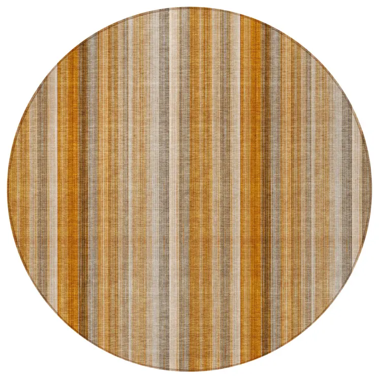 8' Round Orange Ivory and Gray Round Striped Washable Non Skid Indoor Outdoor Area Rug