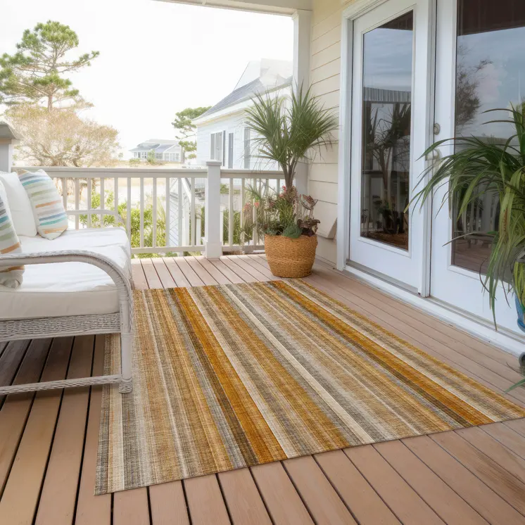 8' X 10' Orange Ivory and Gray Striped Washable Non Skid Indoor Outdoor Area Rug