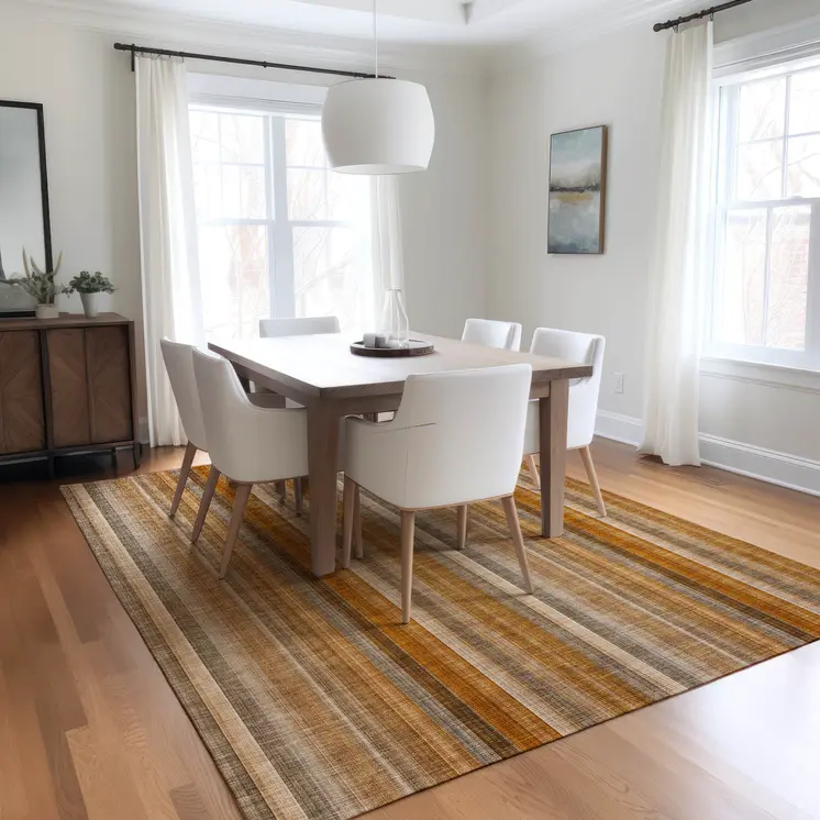 8' X 10' Orange Ivory and Gray Striped Washable Non Skid Indoor Outdoor Area Rug